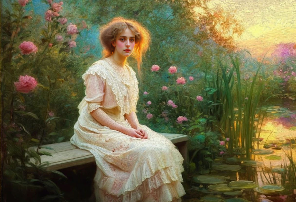 A Woman's Serene Moment by a Sunset Pond in an Impressionist...