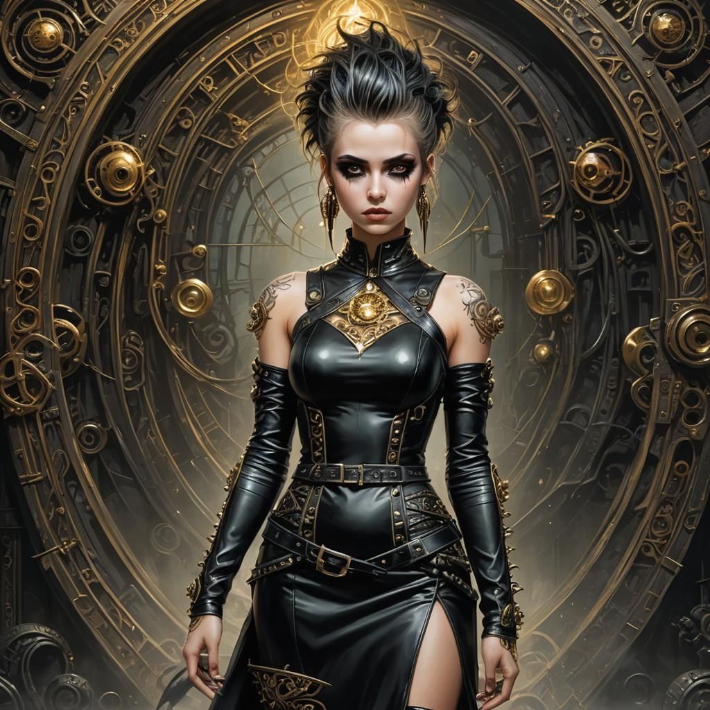 Cute Punk Woman in Leather: Black and Golden Bioluminescence