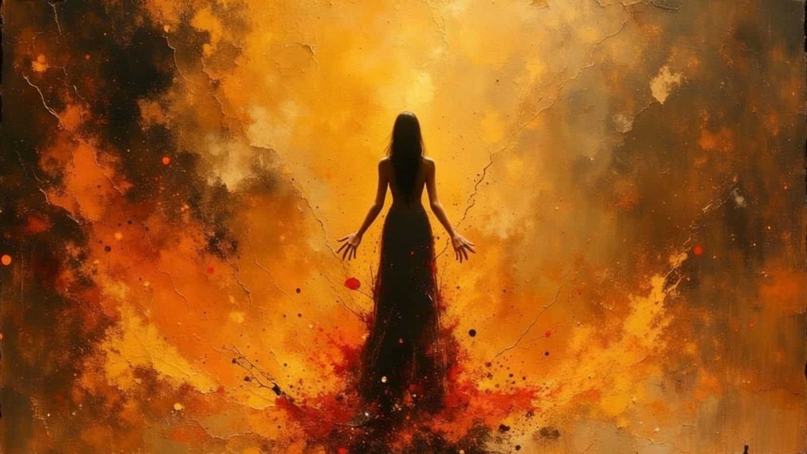 Smoldering Woman in Flaming Skirt on Hellish Background