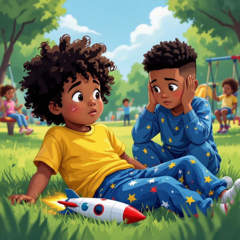 Boys with Rocket in Park, Cartoonish Style