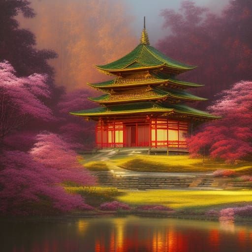 Oriental Sakura Forest Temple in Crimson and Gold