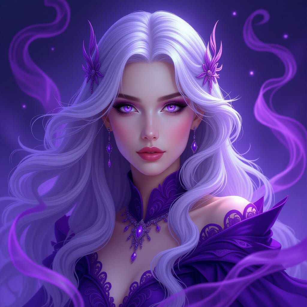 Fantasy Queen with Silver Hair and Violet Eyes in Ethereal M...