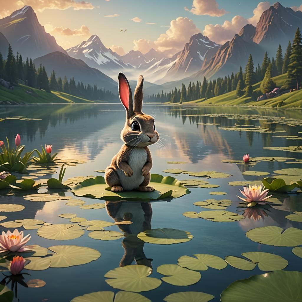 Bunny Hops on Lily Pad: Pixar-Style 3D Art