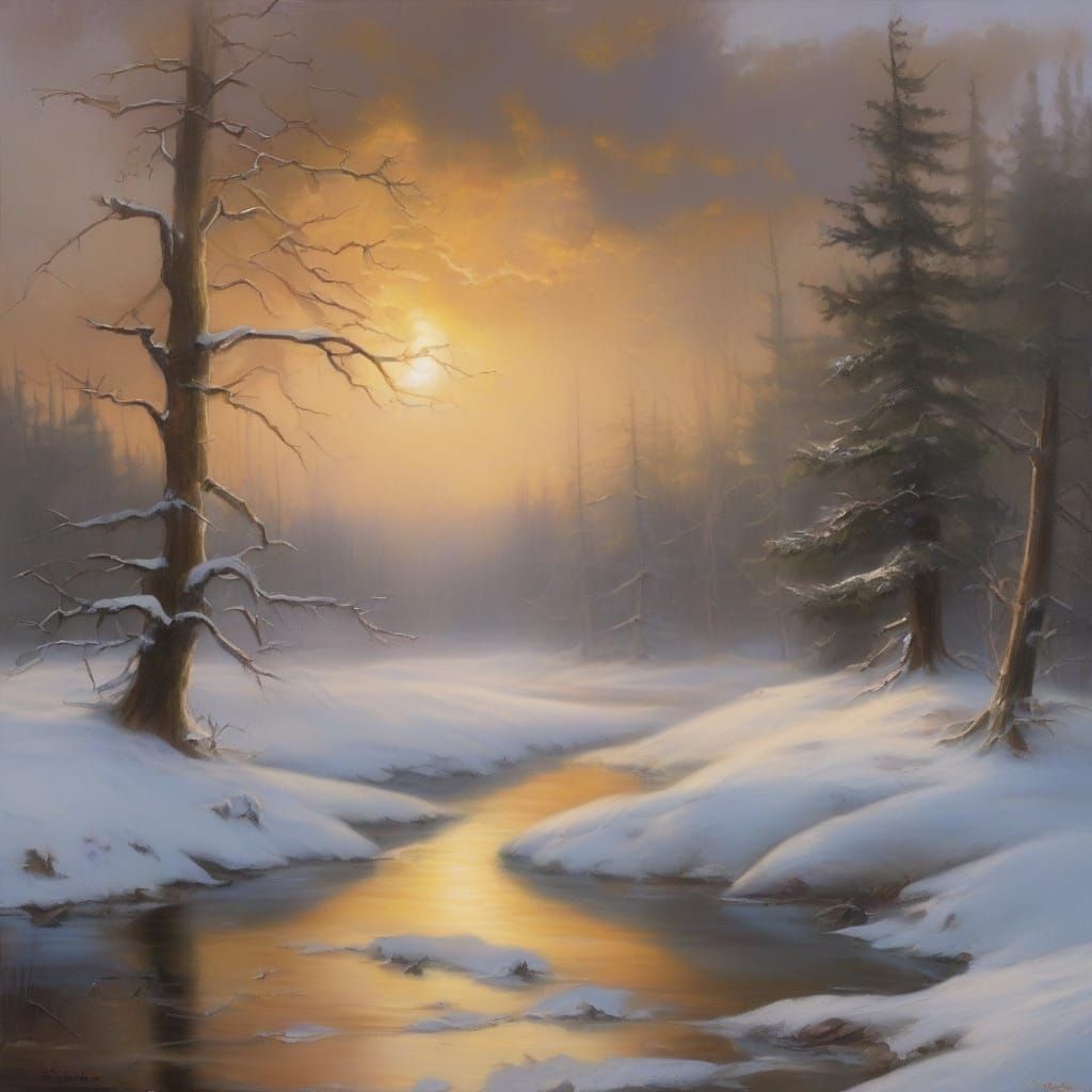 Icy Creek in Winter Landscape: Oil Painting in Bierstadt Sty...
