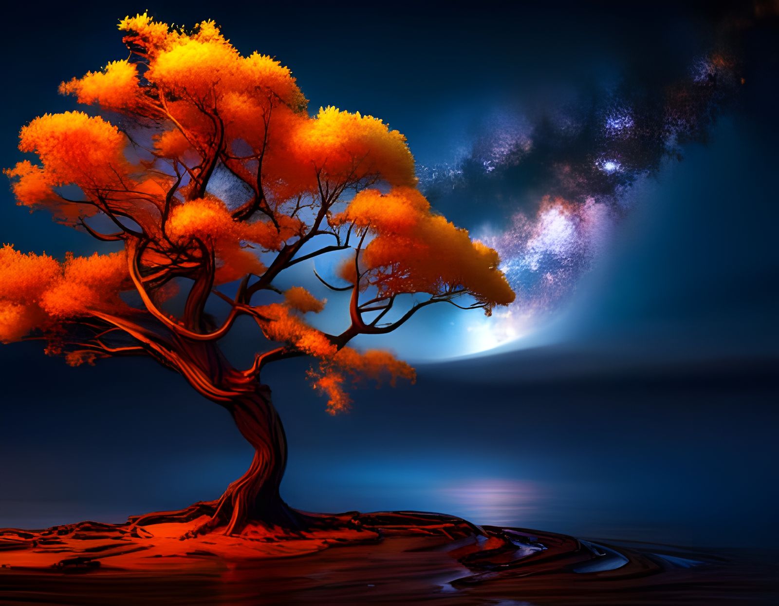 Golden Autumn Tree Under Starry Night Sky