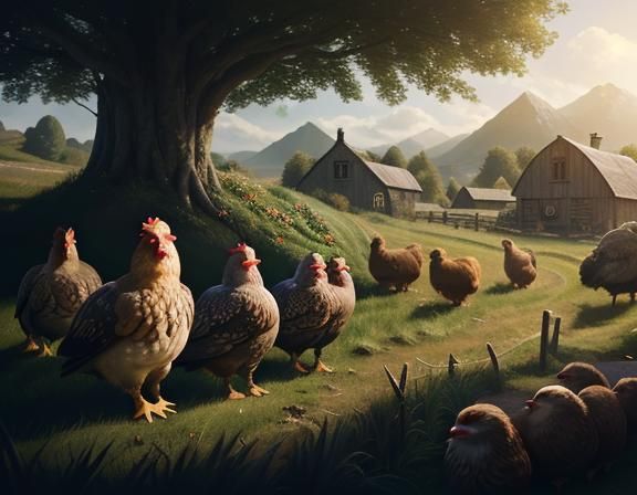 Female Hobbit and Hens in Sunny Farmyard