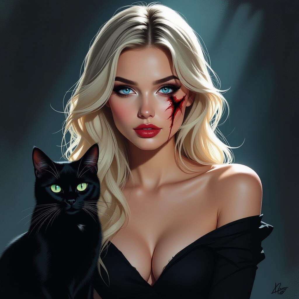 Gothic Horror Portrait: Blonde Woman Scarred Beside Black Ca...