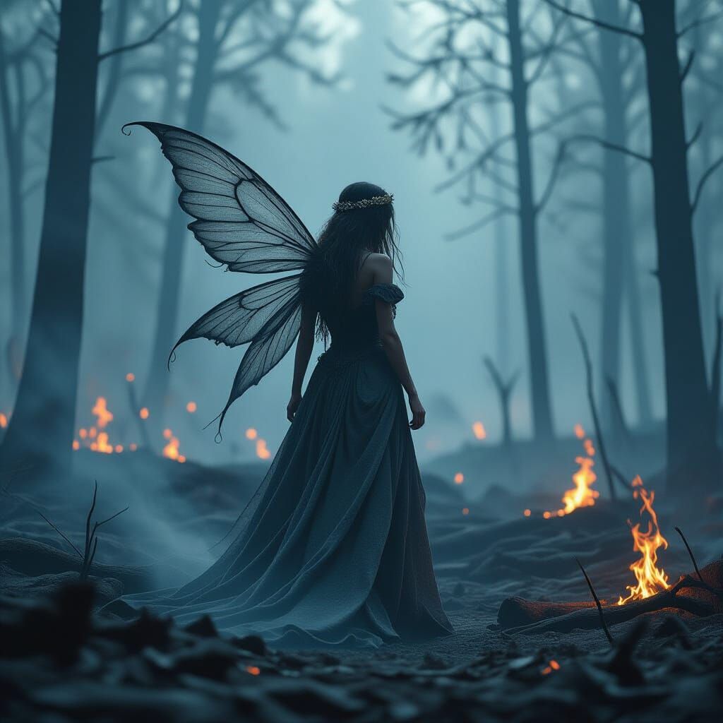 Smoke Fairy in Burned Forest: Dark Fantasy Concept Art