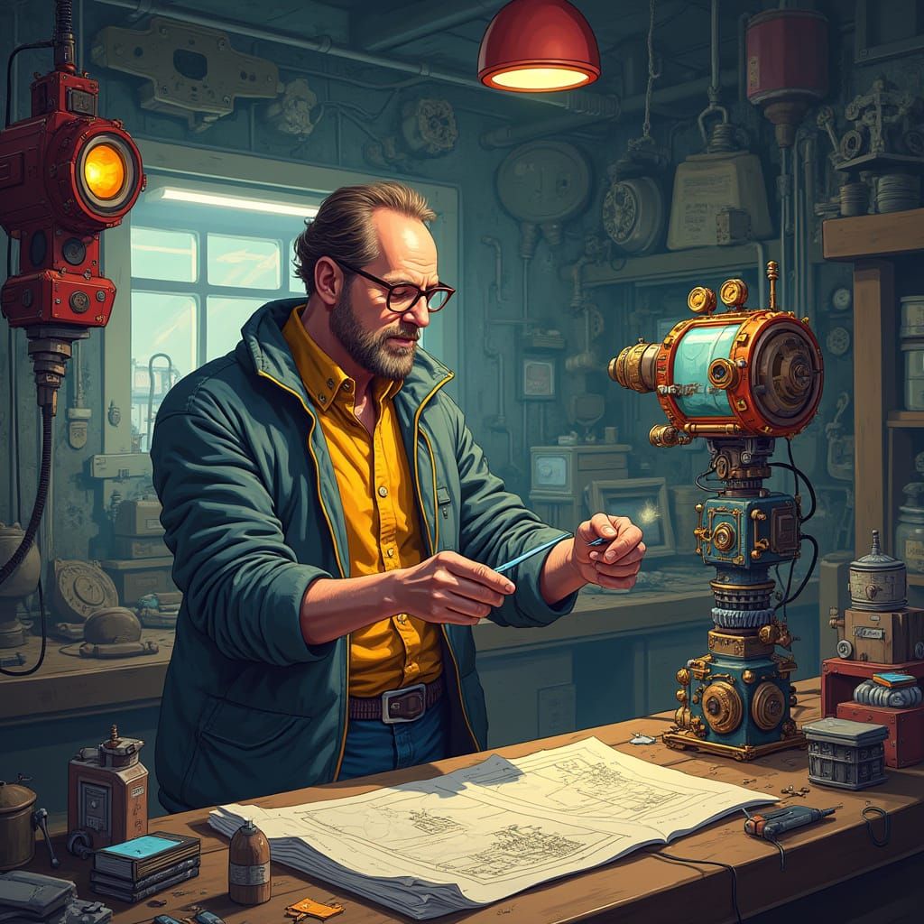 Inventor Crafts Revolutionary Device in Futuristic Workshop