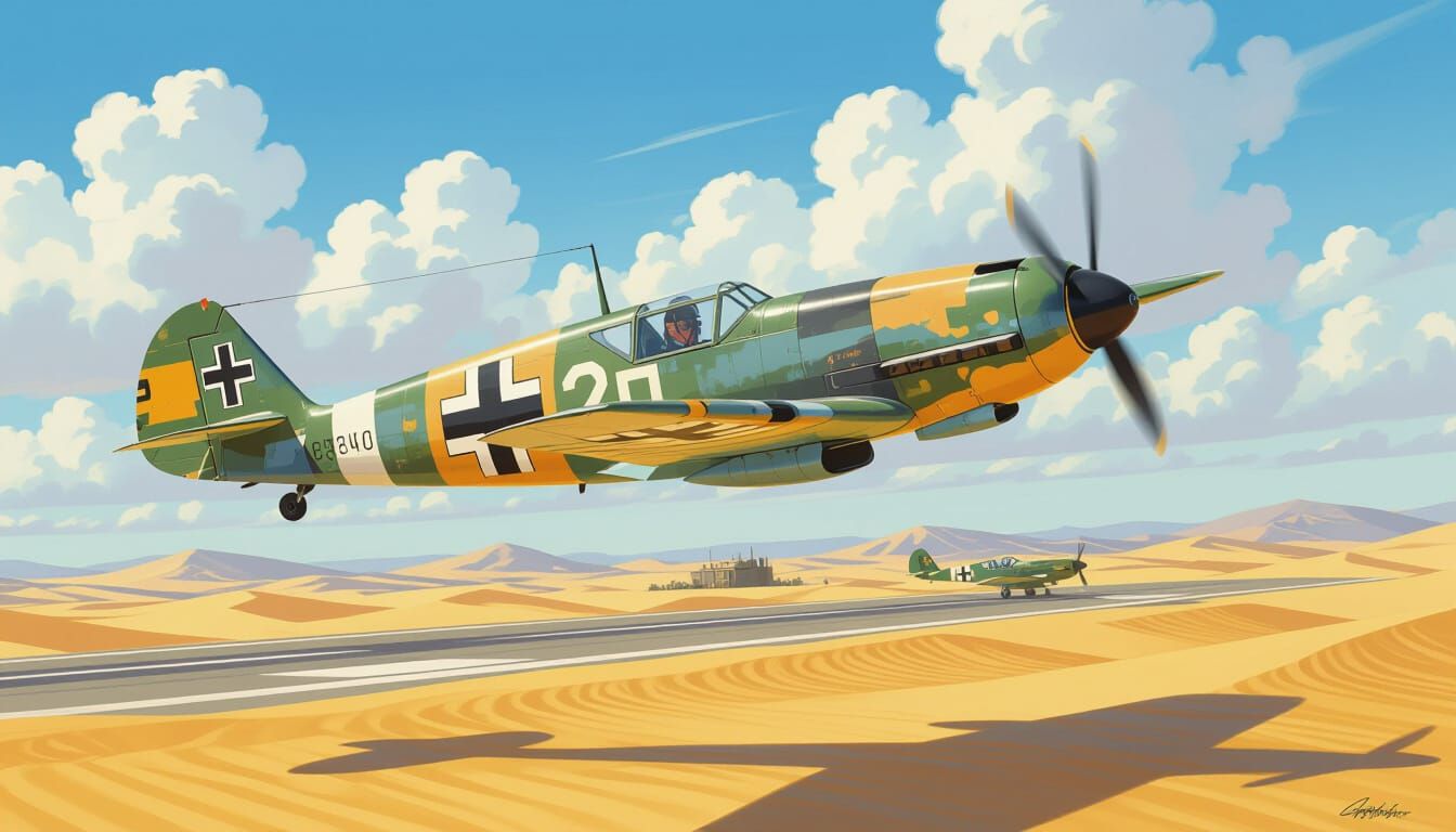 WWII Messerschmitt Bf 109 Banks Sharply Over Desert