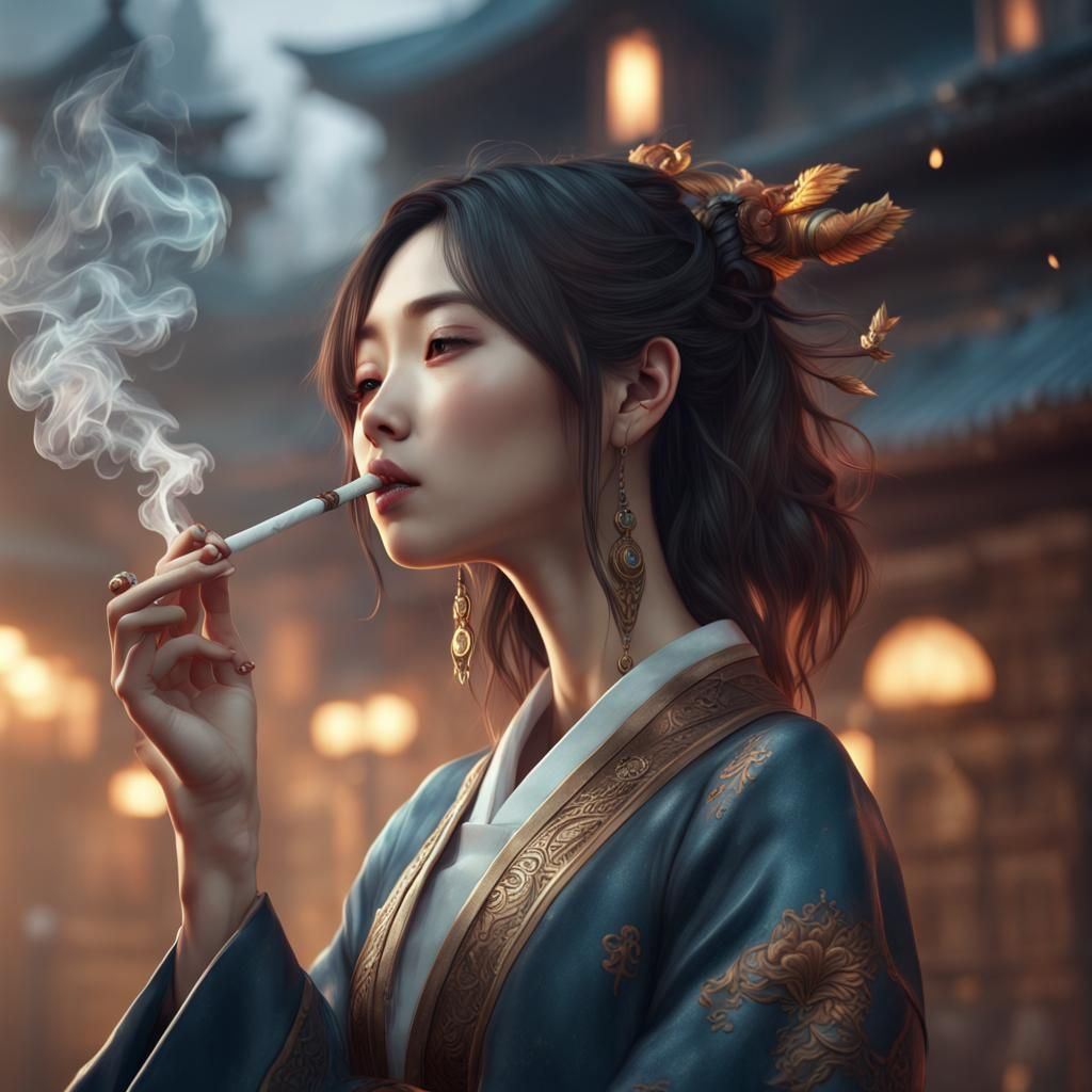 Cute Korean Girl Smoking in Detailed Matte Painting