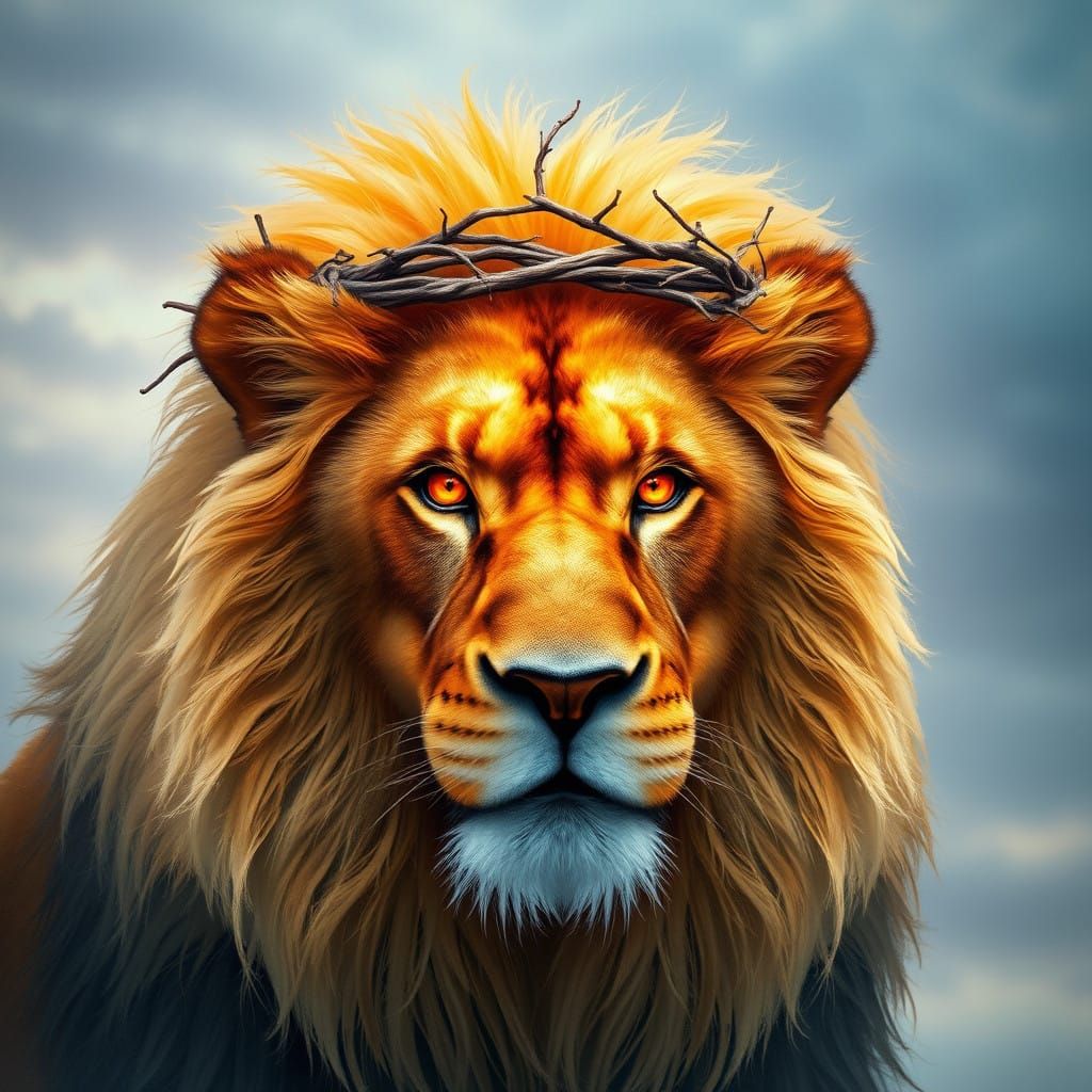 Surreal Regal Lion with Golden Mane and Crown of Thorns