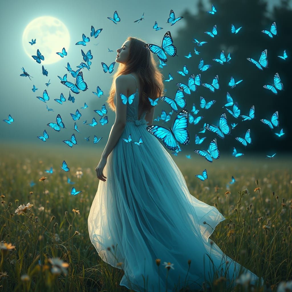 Dreamy Butterflies Dance in Moonlit Meadow