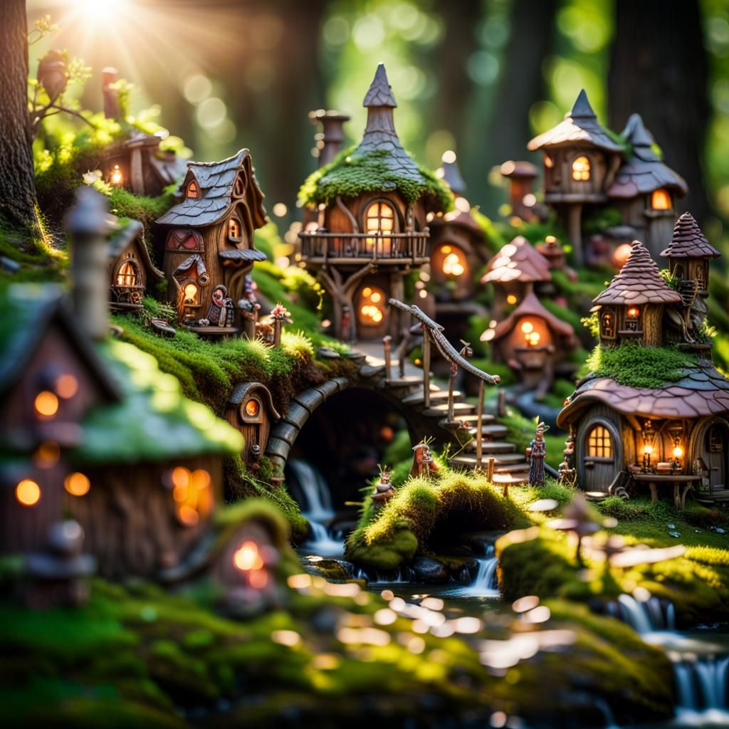 Enchanted Fairy Village with Gnomes, Hyperrealistic Steampun...