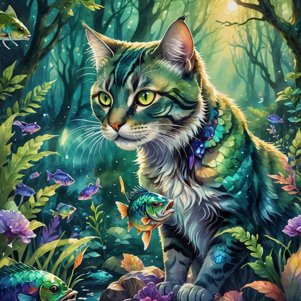 Emerald Cat with Iridescent Fish in Watercolor Style