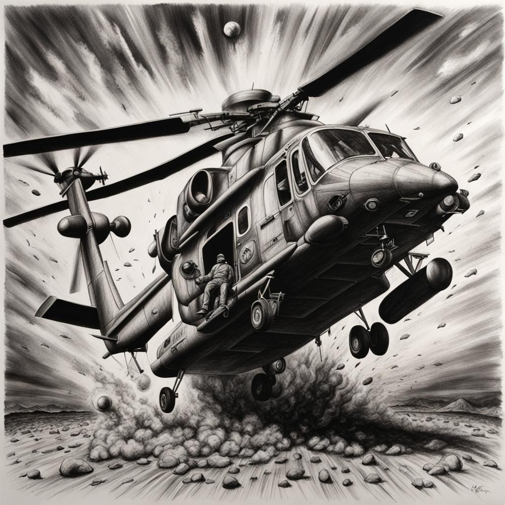 Exploding Helicopter: Hyperdetailed Charcoal Drawing