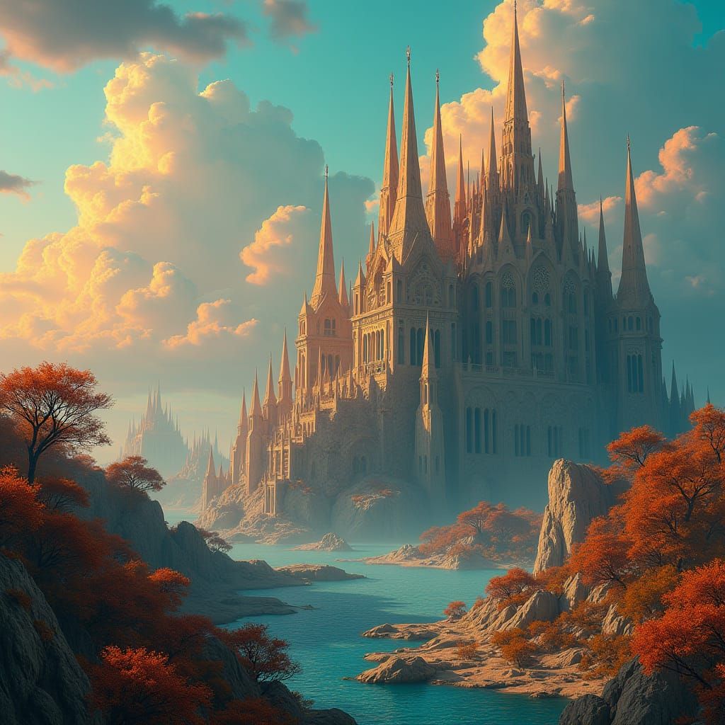 Surreal Architecture with Spires in Dreamlike Landscape