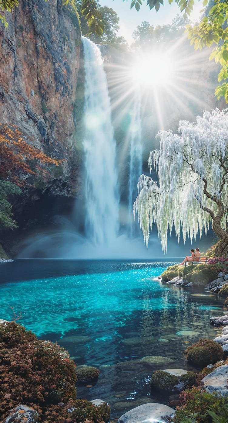Magical Lagoon with Waterfall and Weeping Willow