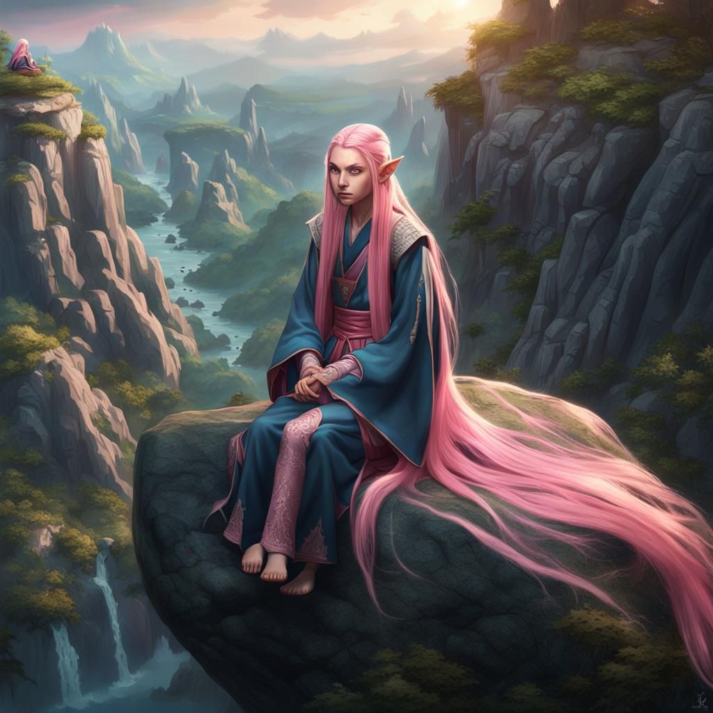 Pink-Haired Elf Meditating: Fantasy Concept Art