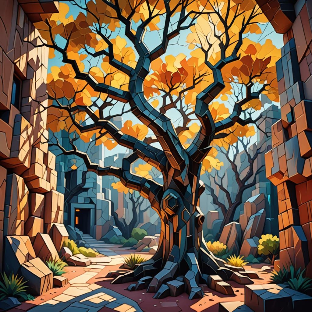 Cubist Tree in Glowing Heat Chamber with Geometric Branches