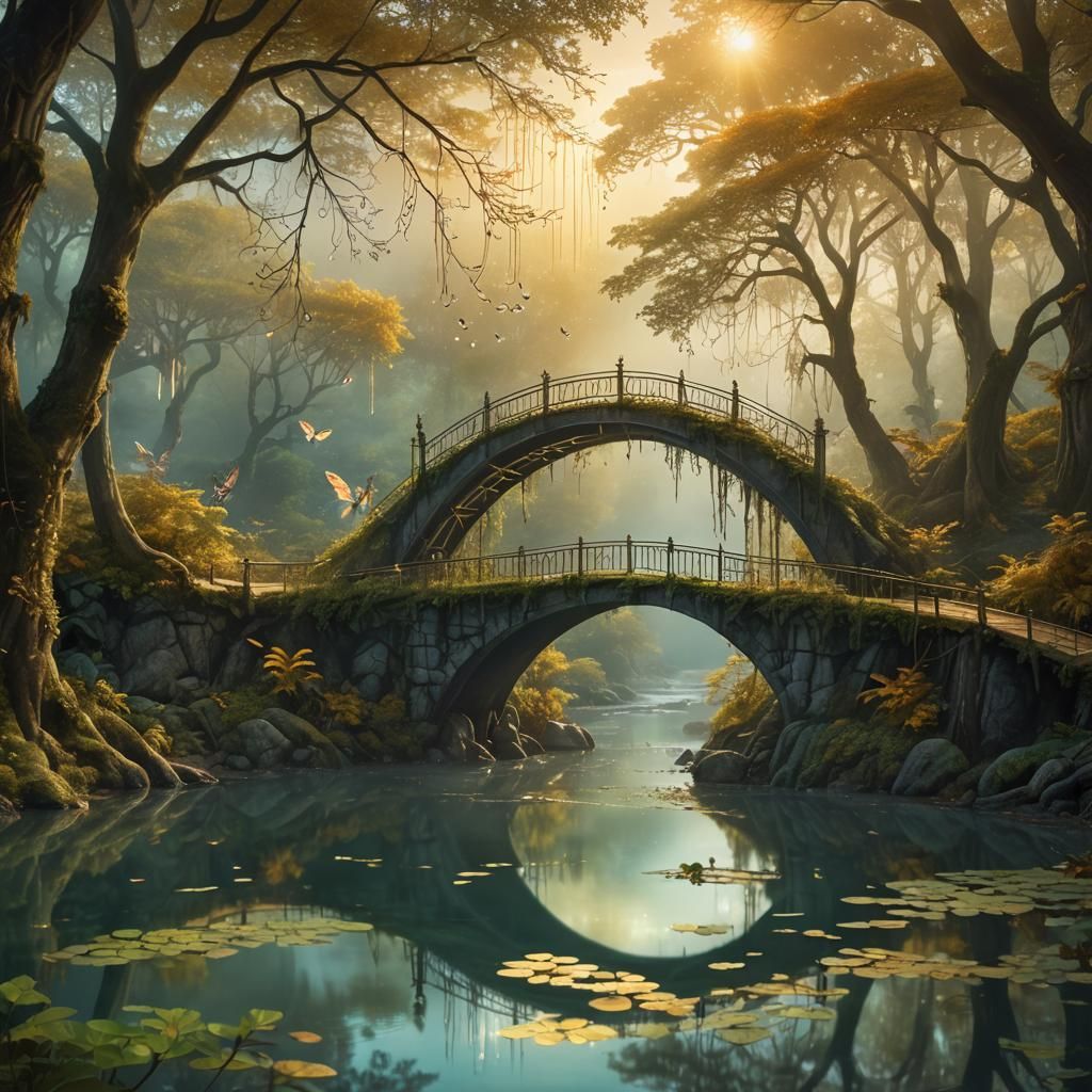 Fairytale Bridge in Mystical Forest Digital Art