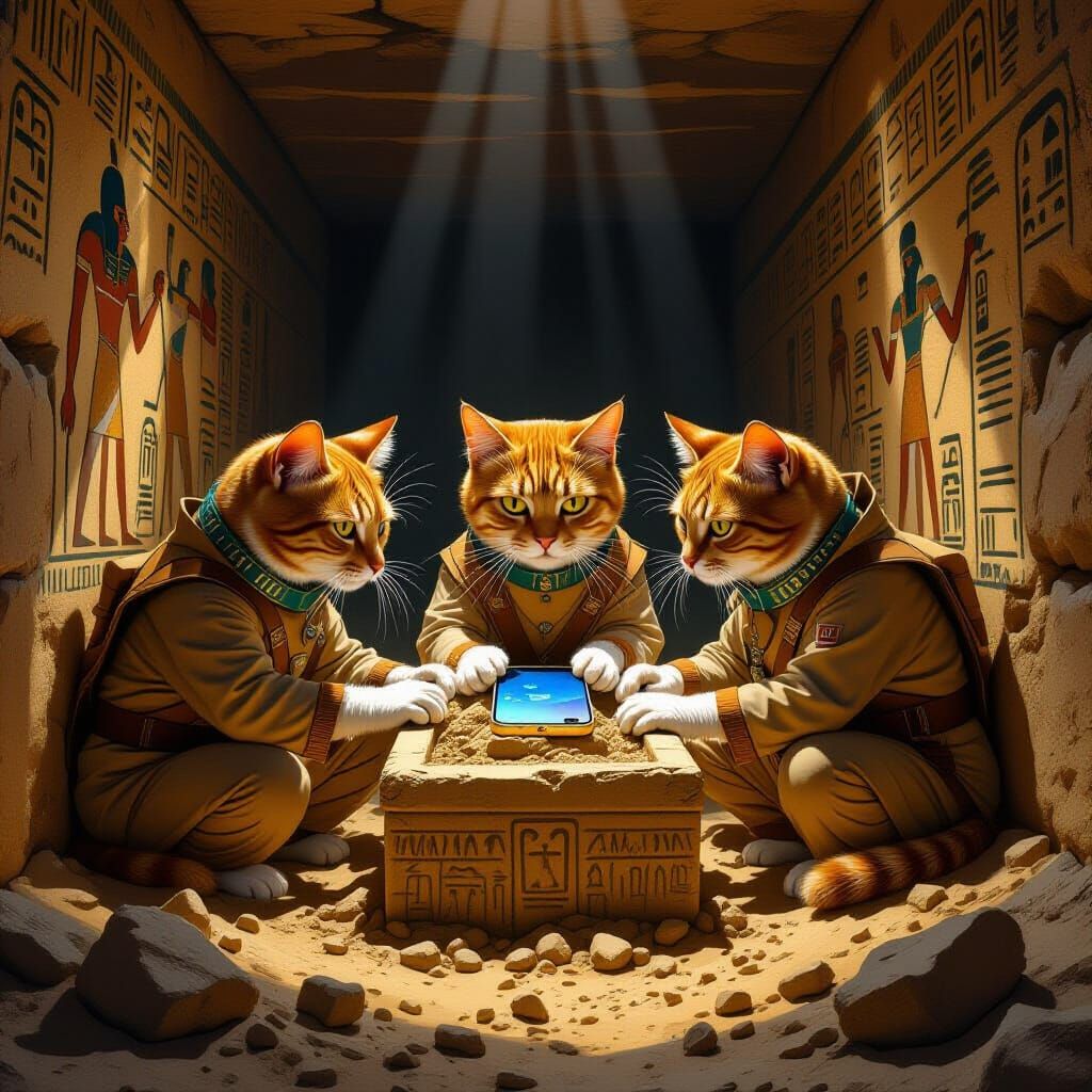 Cats Unearth iPhone from Egyptian Tomb in Digital Painting