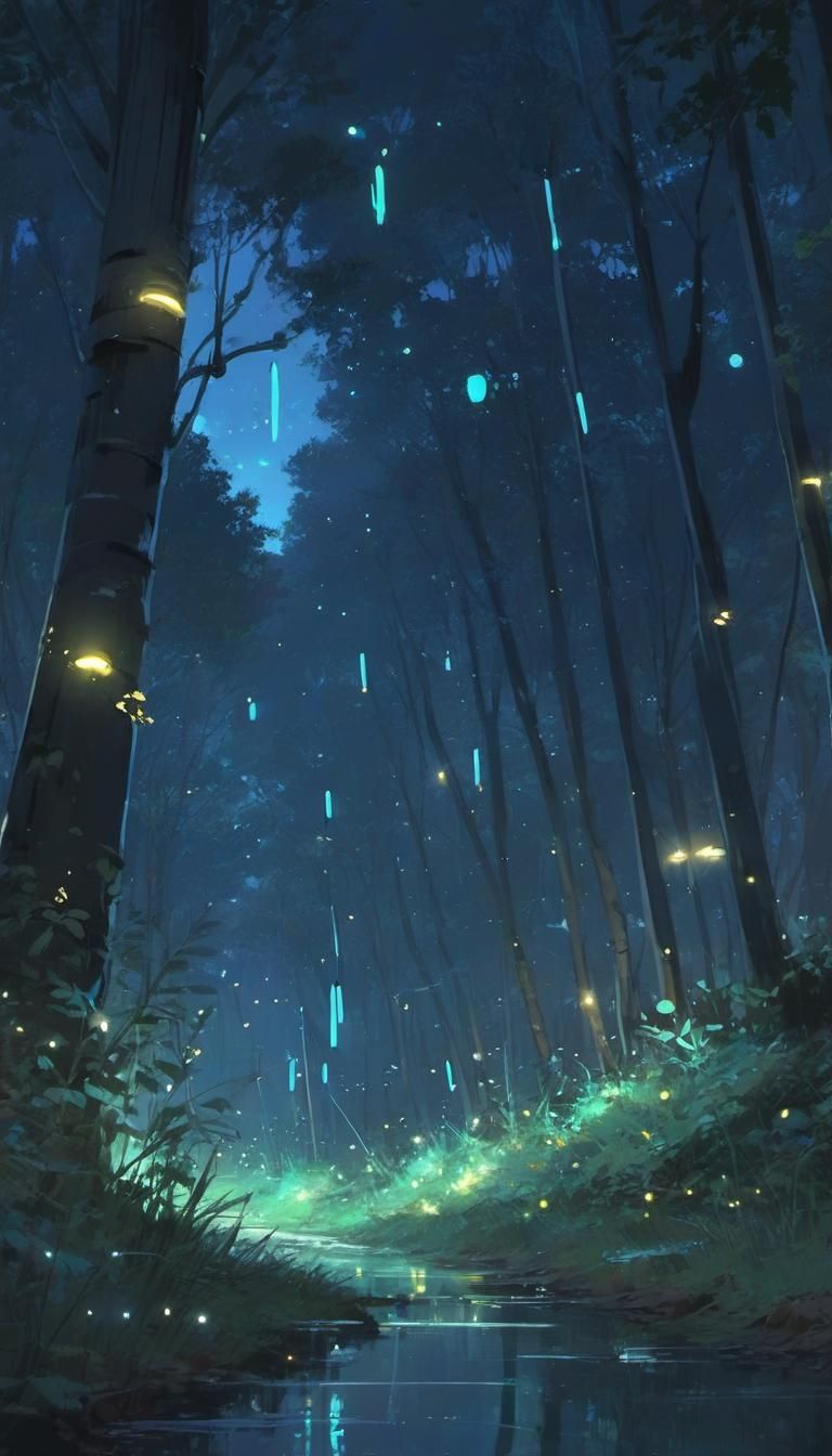 Anime Forest with Fireflies at Night