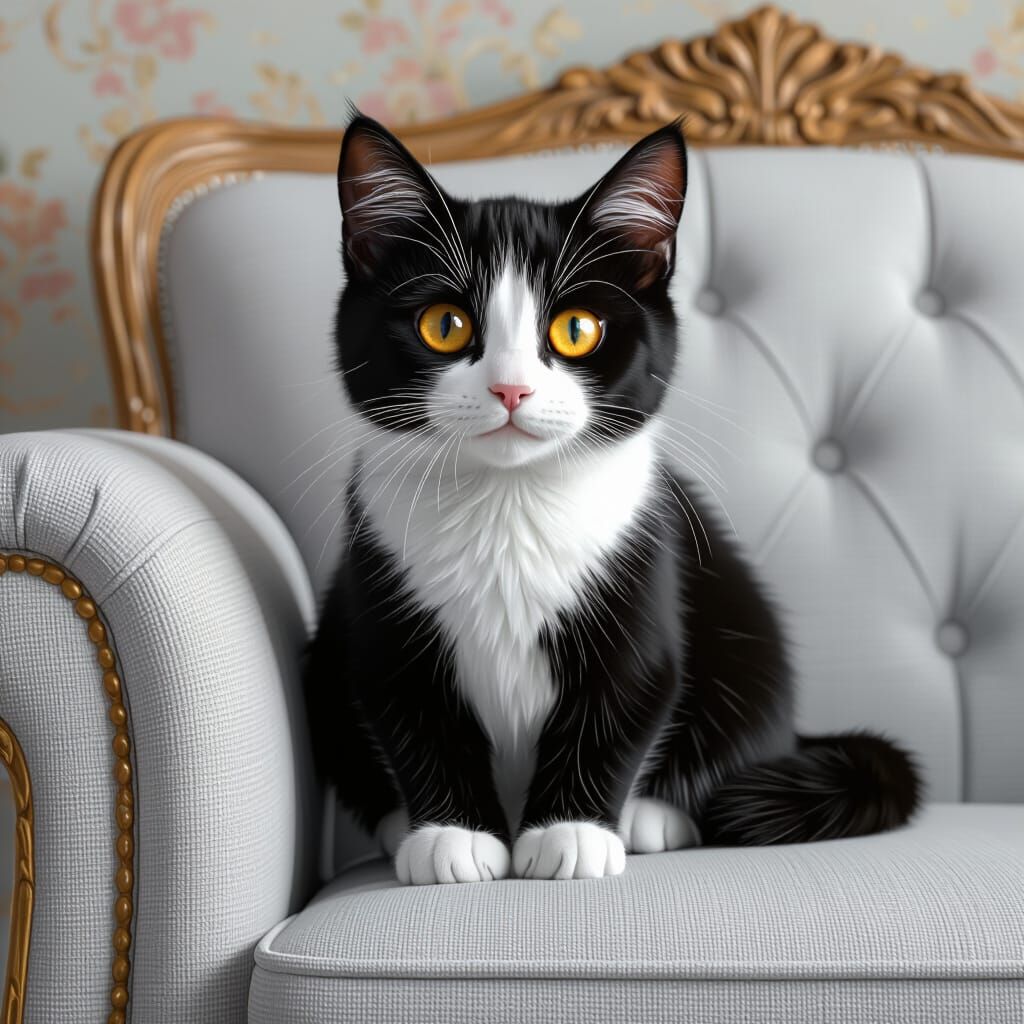 Tuxedo Cat with Orange Eyes on Couch, Matte Painting Style