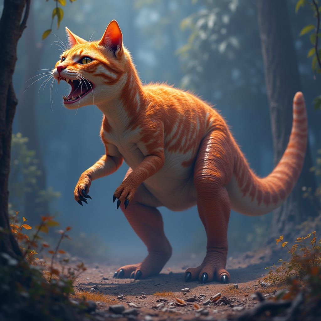 Vibrant Orange Cat-Tyrannosaurus Fusion in Epic Fantasy Land...