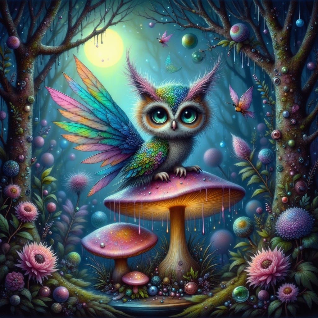 Ethereal Owl on Glowing Mushroom in Mystical Forest