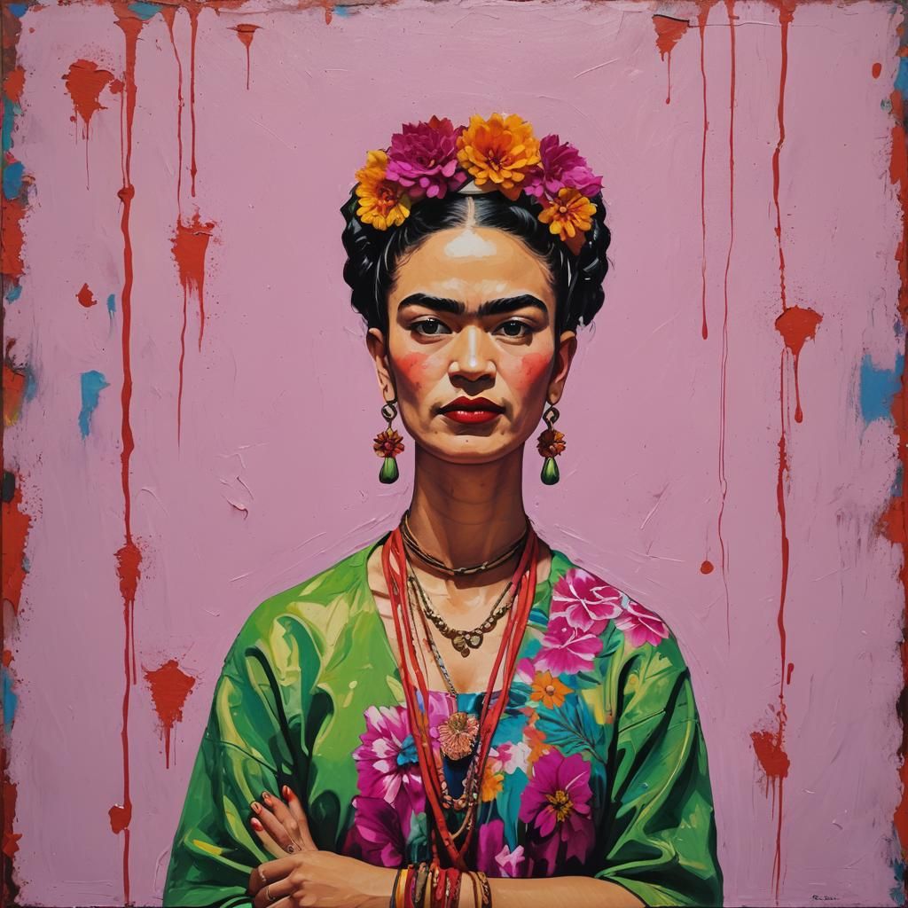 Neon Holiday: A Modern Frida Kahlo-Inspired Oil Painting