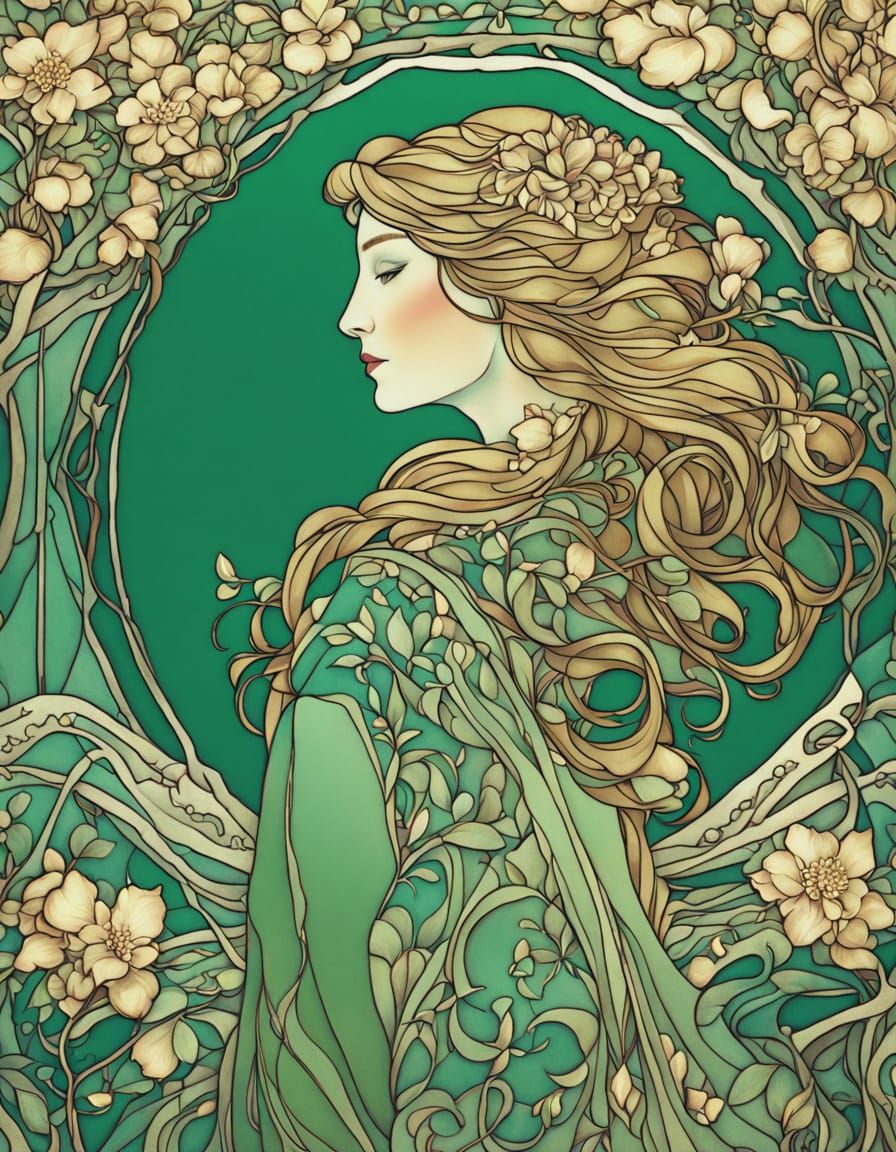 Elegant Art Nouveau Young Woman Basks in Emerald Light