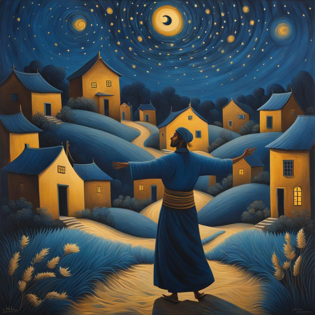 Shaman Dancing Under Starry Sky in Neo-Primitivism Style