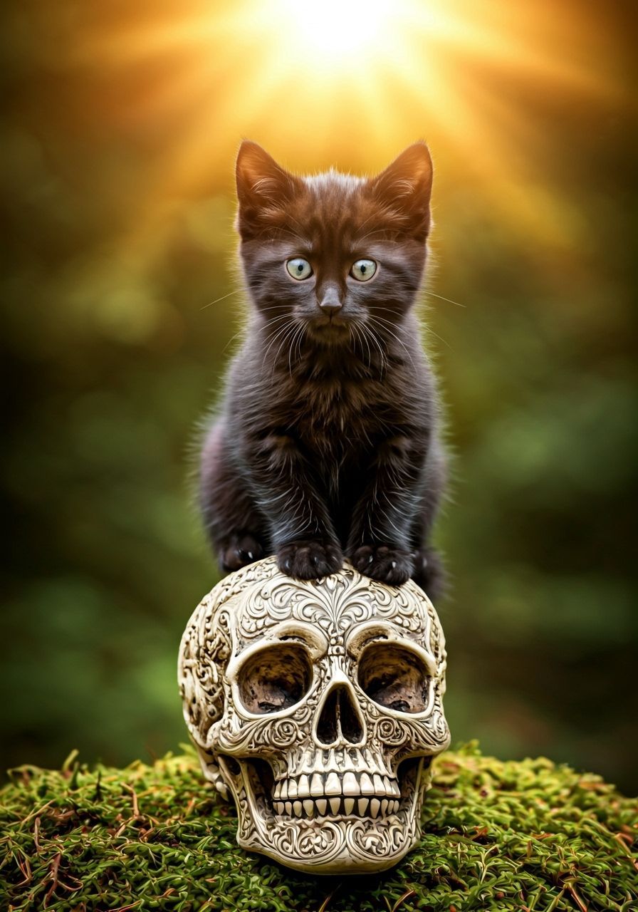 Cute Kitten on Filigree Skull in Autumn Sunbeam