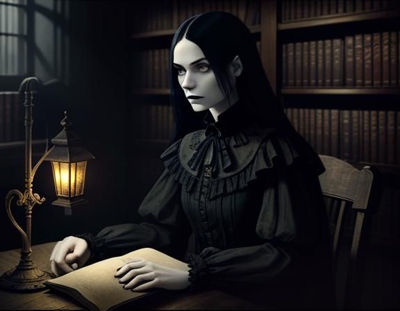 Gothic Woman in Library: Digital Art