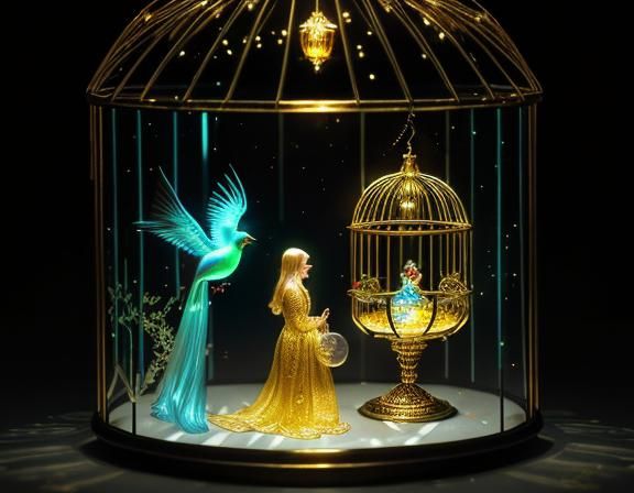 Glass Bird Watching Elf in Golden Cage