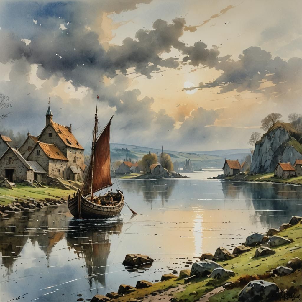 Viking Runestone and Longship in Watercolor Style