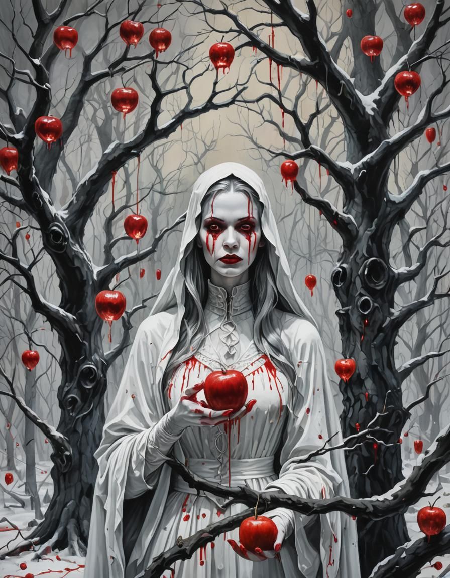 Gothic Vampire with Apple in Gouache Style