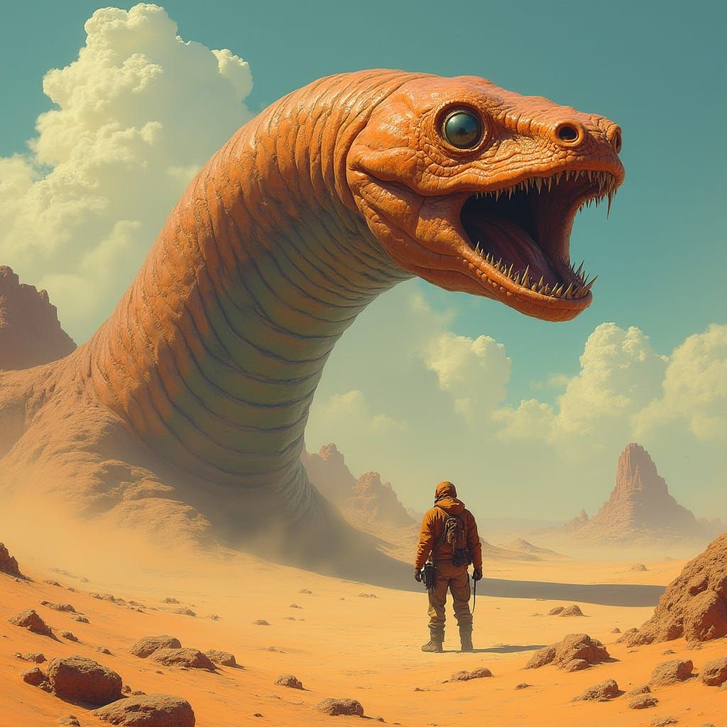 Colossal Sandworm Emerges on Desert Planet
