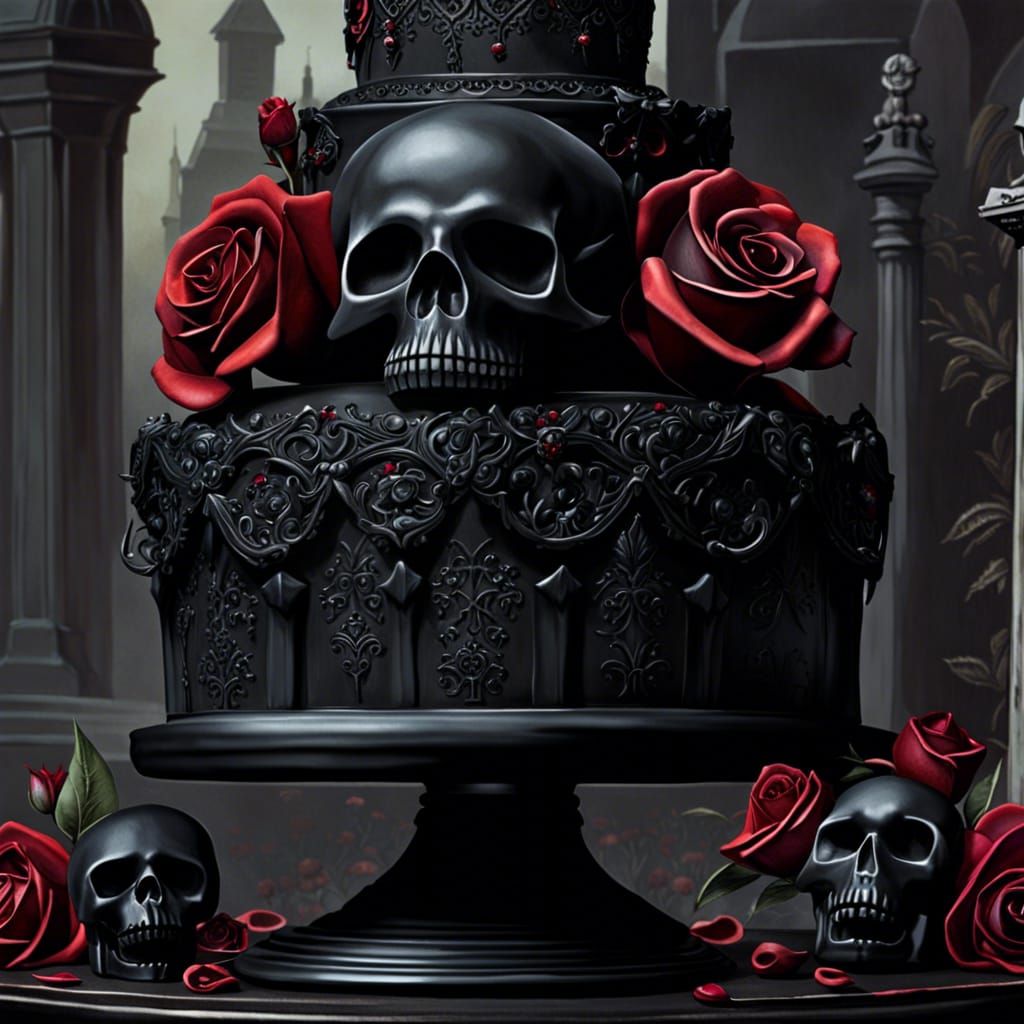 Black Gothic Cake with Cemetery, Surreal Digital Art
