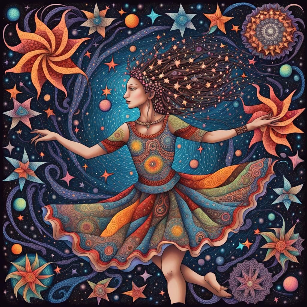Whimsical Shaman Dancer in Cosmic Star Vortex