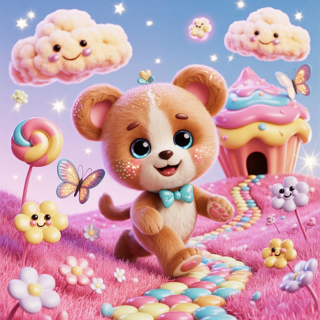 Dreamy Cartoon Puppy in Candy Meadow