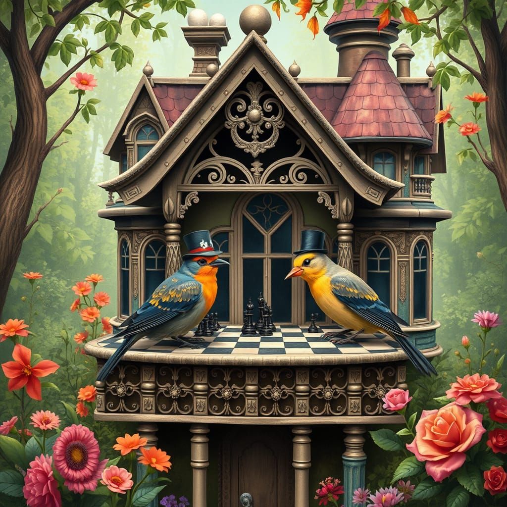 Birds Play Chess at Victorian Birdhouse Mansion