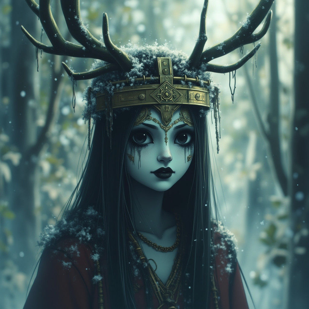 Mystical Shaman Woman with Antlers in Dark Surreal Style