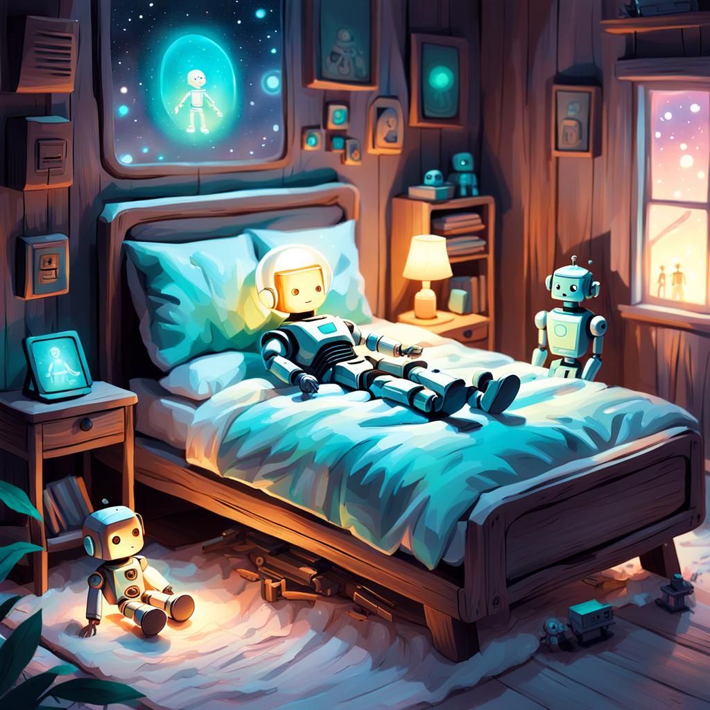 Robot Boy and Wooden Doll on Glowing Bed
