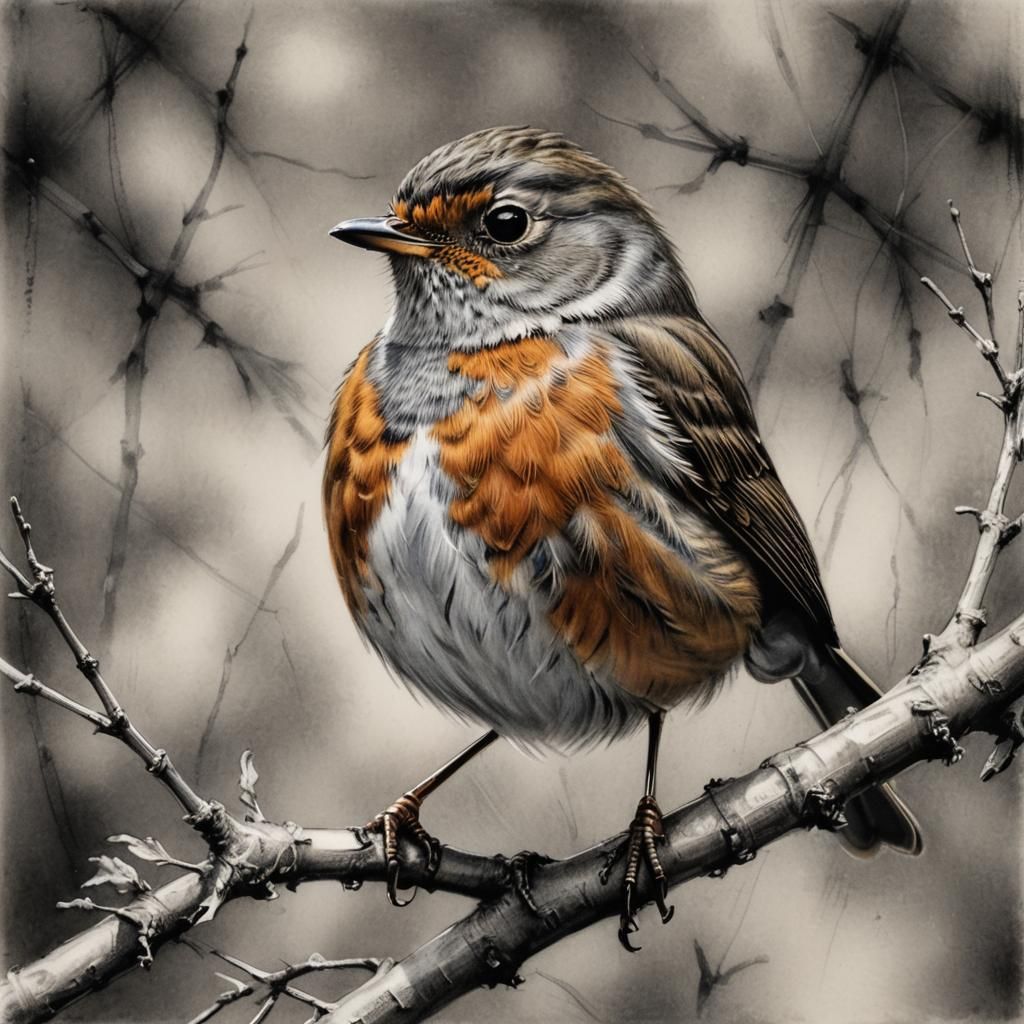 Detailed Charcoal Drawing of a Singing Robin