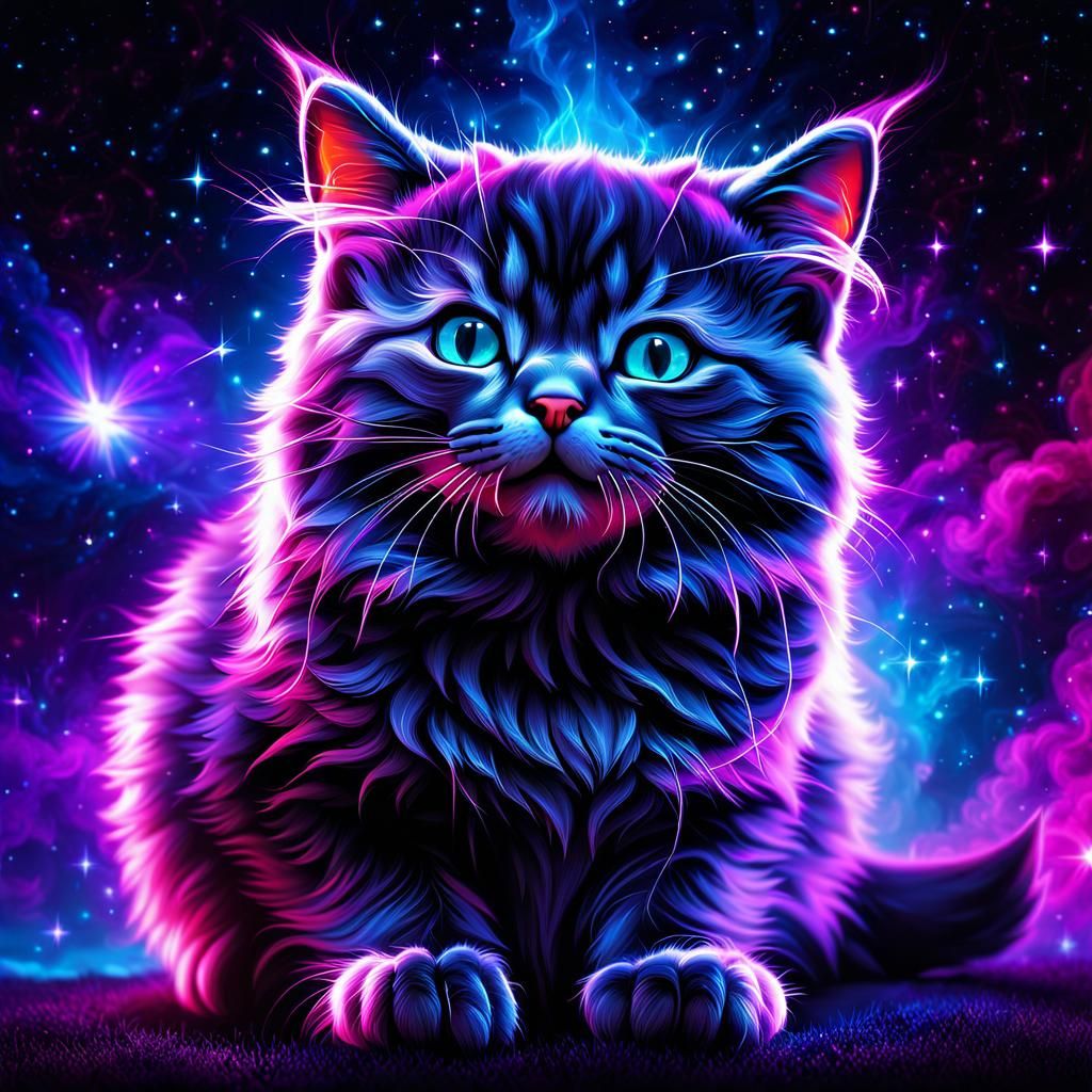 Sparkly Neon Kitten Birthday Sign in UV Lighting