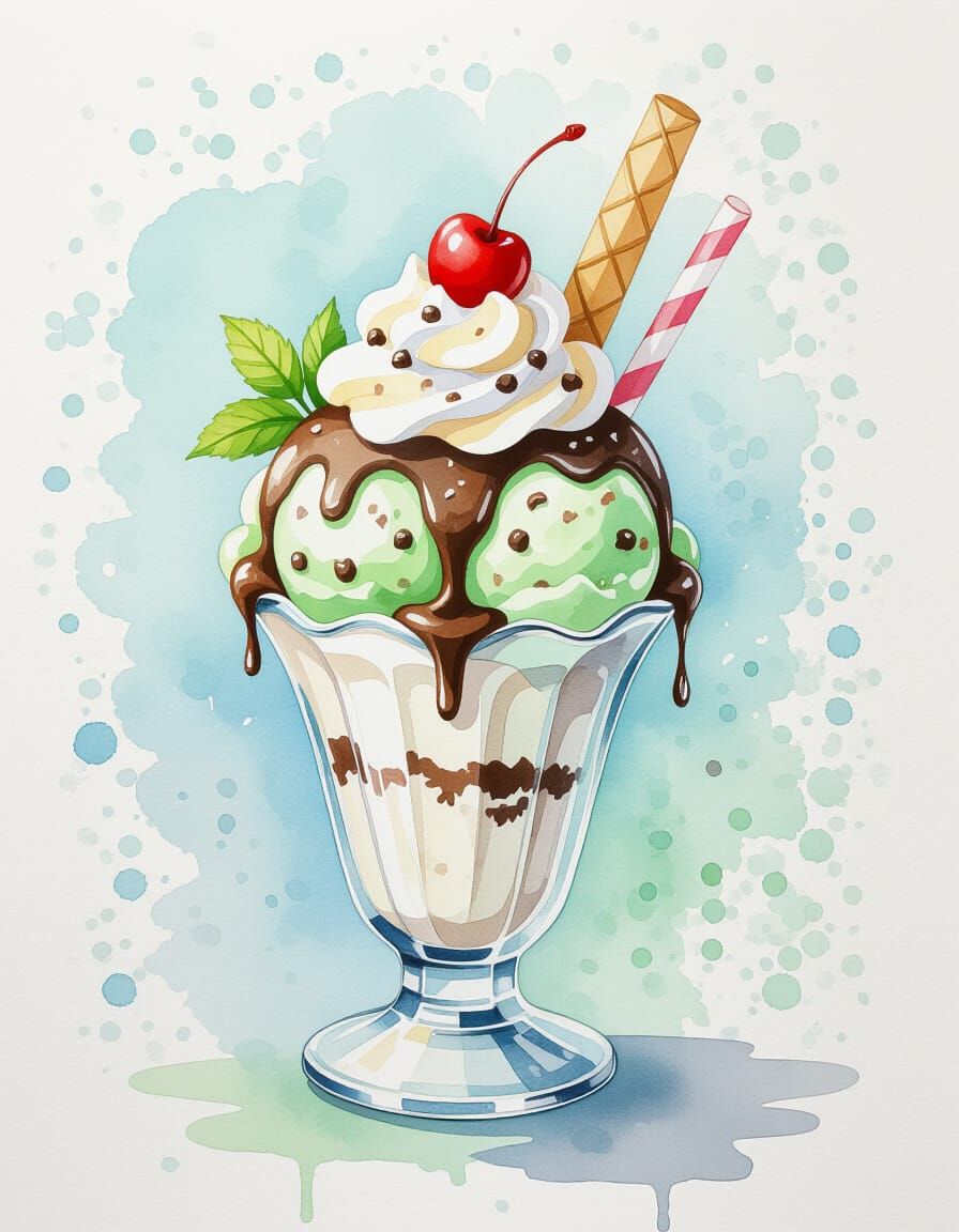 Mint Chocolate Chip Sundae in Watercolor Style