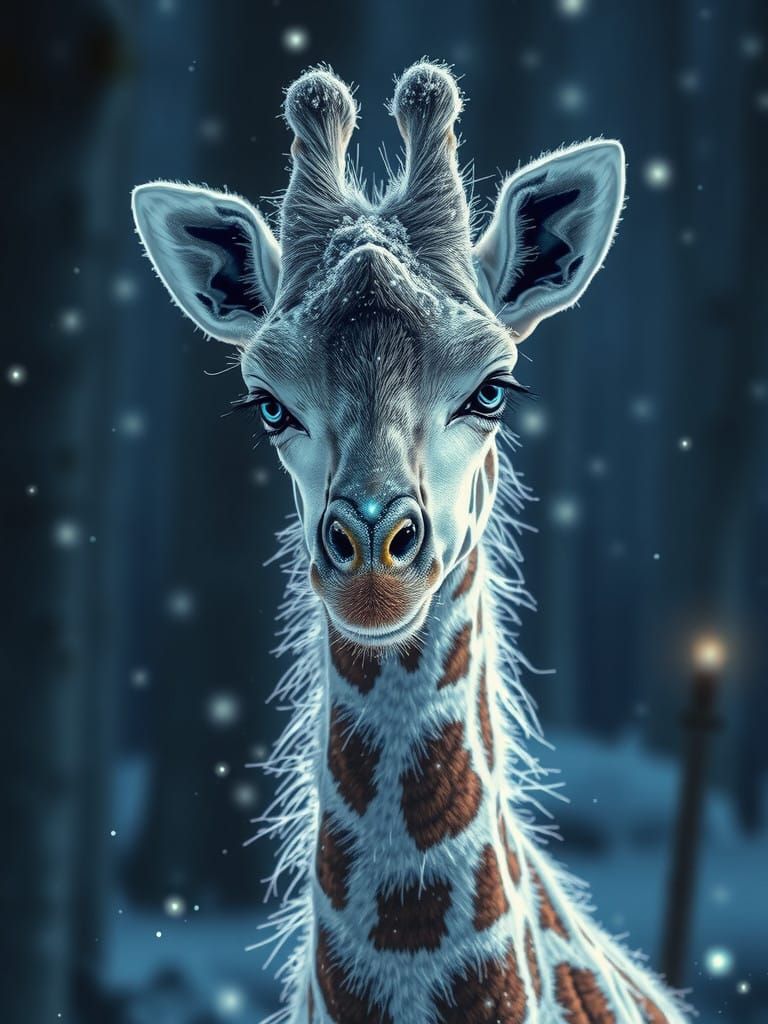 Epic Crystal Fawn-Like Snow Giraffe in Snowy Forest
