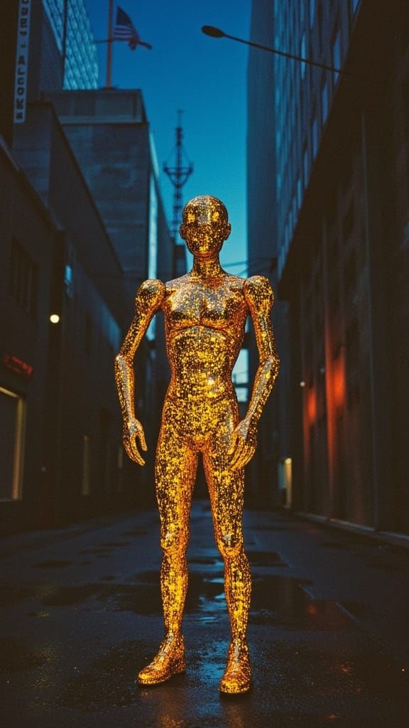 Retro Futuristic Robot in Iridescent Gold Suit, Shimmering i...